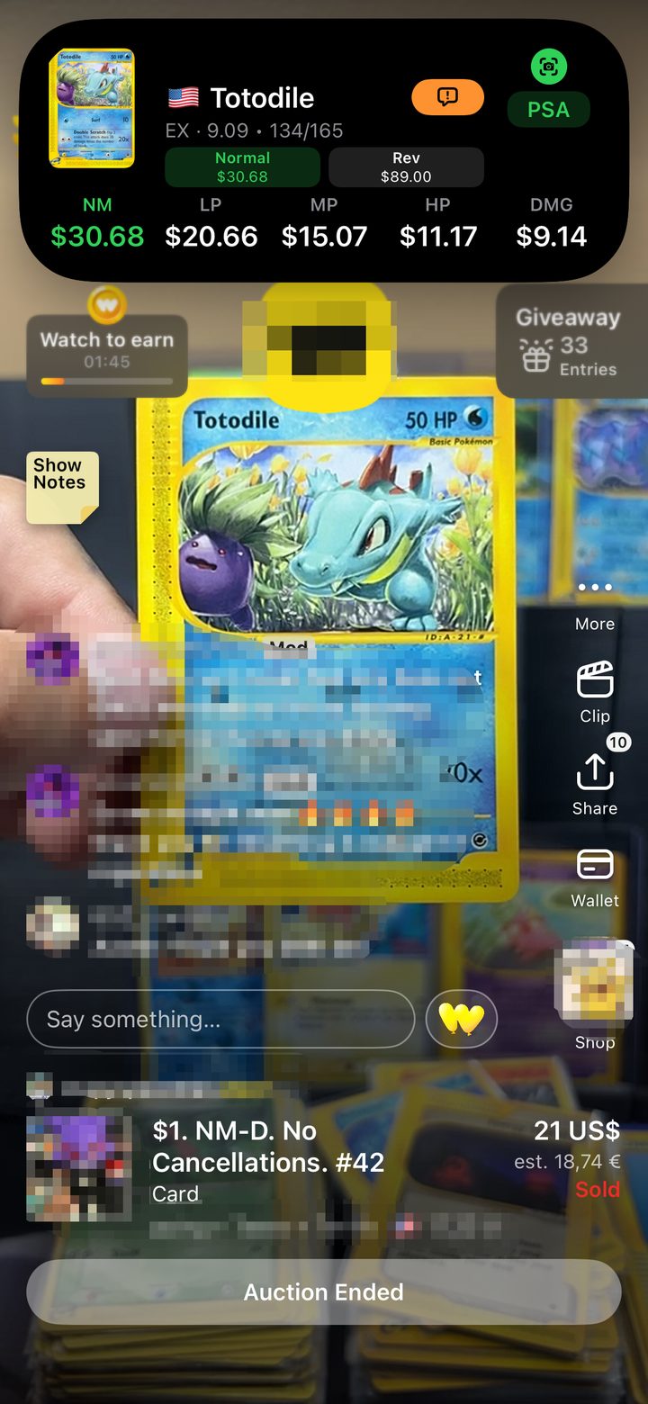 Peek in the Dynamic Island: Totodile, EX 134/165, NM $30.68, condition prices and Normal/Reverse chips above a Whatnot livestream